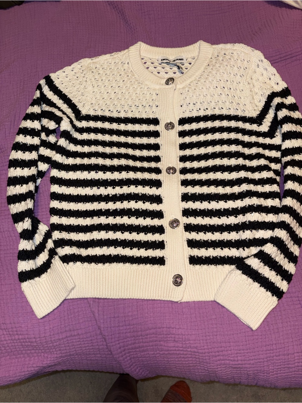 DKNY STRIPED BUTTON UP SWEATER